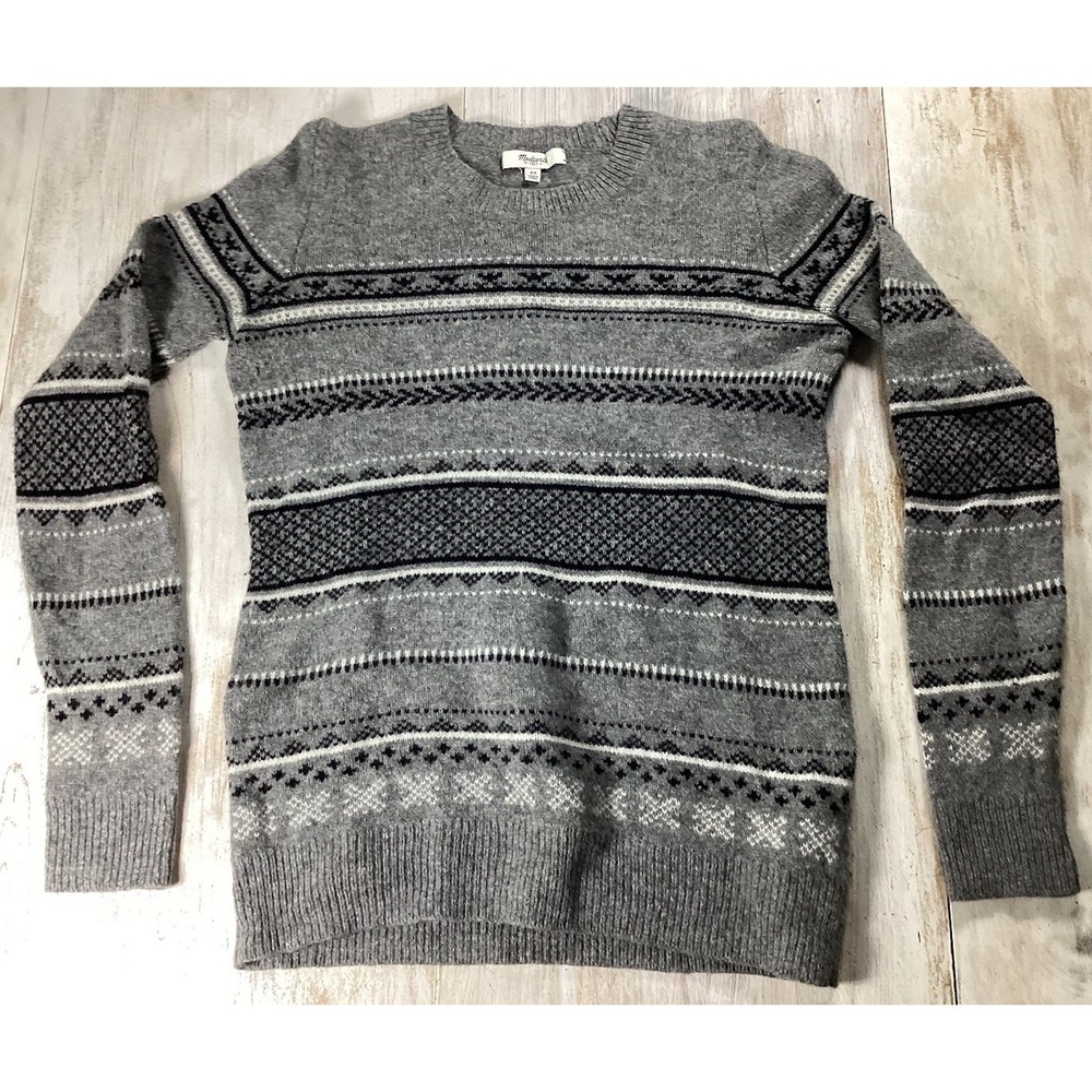 Madewell Gray and Black Fair Isle Off-Shoulder Sweater